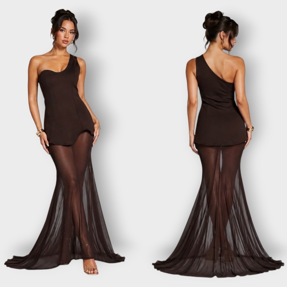 NWT ASOS‎ Design Chocolate Brown One Shoulder Sheer Maxi Gown Size 10